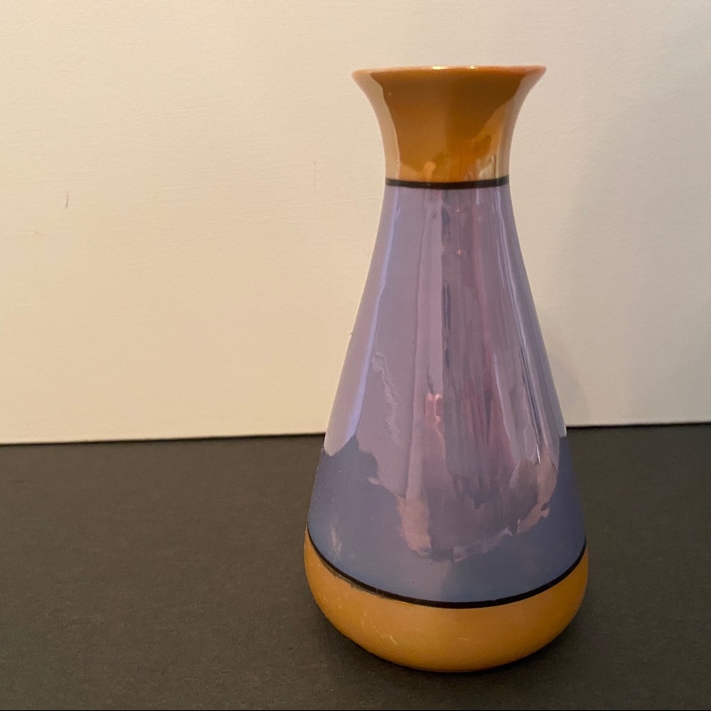 LUSTERWARE BUD VASE JAPAN BLUE GOLD BLACK VINTAGE GLASS HOME ACCENT 5” - Picture 7 of 8